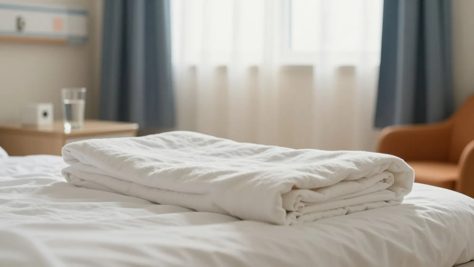 Ordentlich gemachtes Bett mit gefalteter weißer Decke und einem Glas Wasser auf dem Nachttisch in einem ruhigen Klinikzimmer, weiches Morgenlicht durch helle Vorhänge