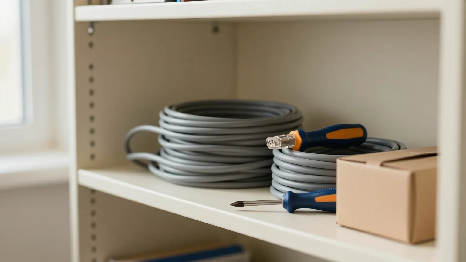 Aufgeräumtes Werkstattregal mit ordentlich aufgerollten grauen Netzwerkkabeln, einem Schraubendreher und einem kleinen Karton im kühlen Morgenlicht