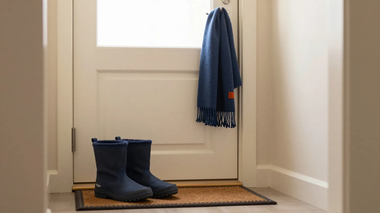 Winterstiefel auf einer Fußmatte hinter der Haustür, ein Wollschal am Haken, warmes Abendlicht im Flur