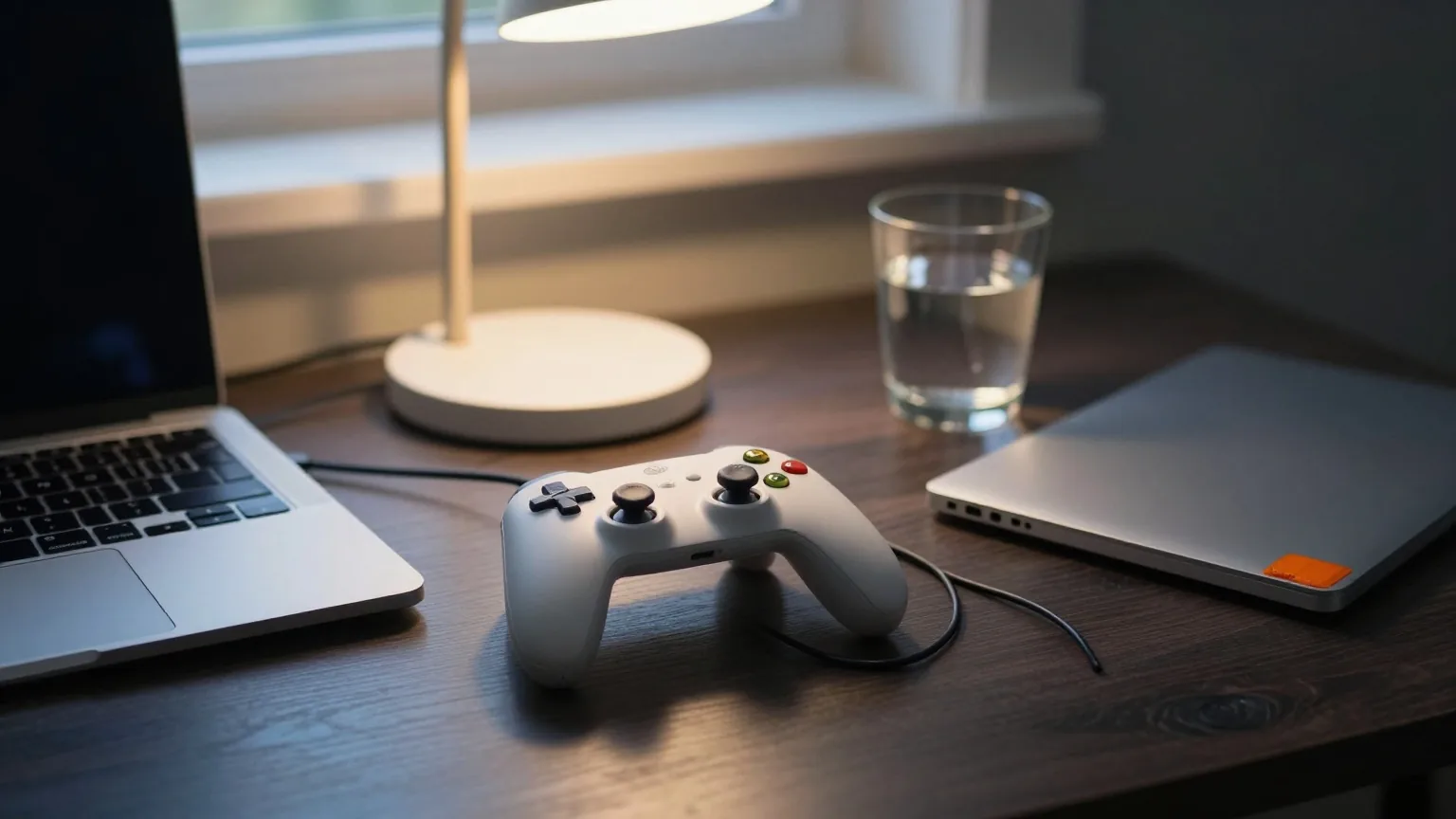 Spiele-Controller mit aufgerolltem Kabel auf einem dunklen Holzschreibtisch neben einem geschlossenen Laptop und einem Wasserglas im warmen Licht einer Schreibtischlampe