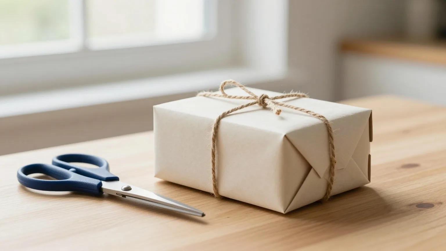 Kleiner Karton in Packpapier mit Paketschnur auf einem Holztisch neben einer Schere, weiches Fensterlicht in einer Küche