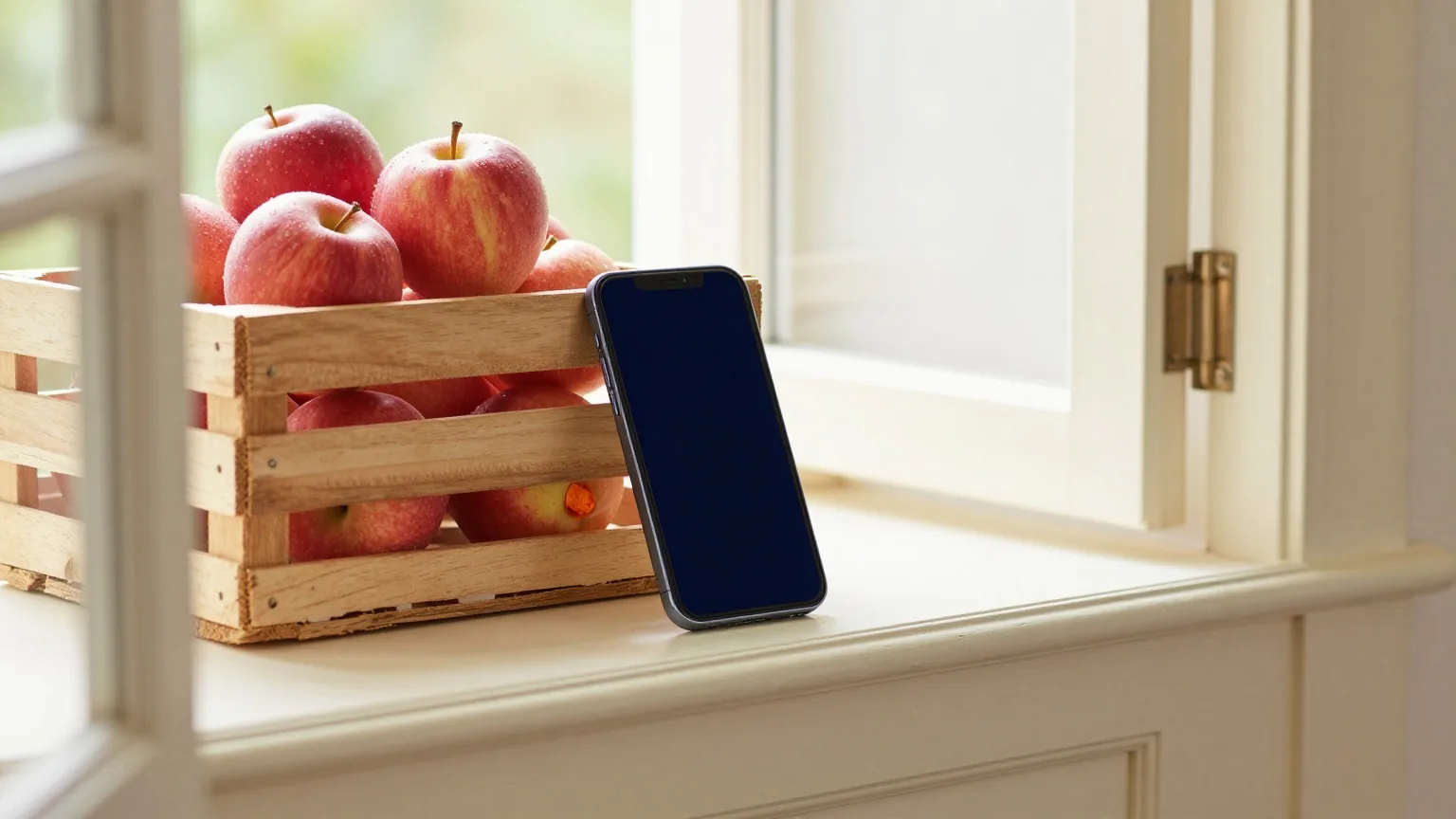 Holzkiste mit roten Äpfeln auf der Theke eines kleinen Hofladens neben einem Smartphone mit ausgeschaltetem Bildschirm, warmes Mittagslicht durch eine offene Tür