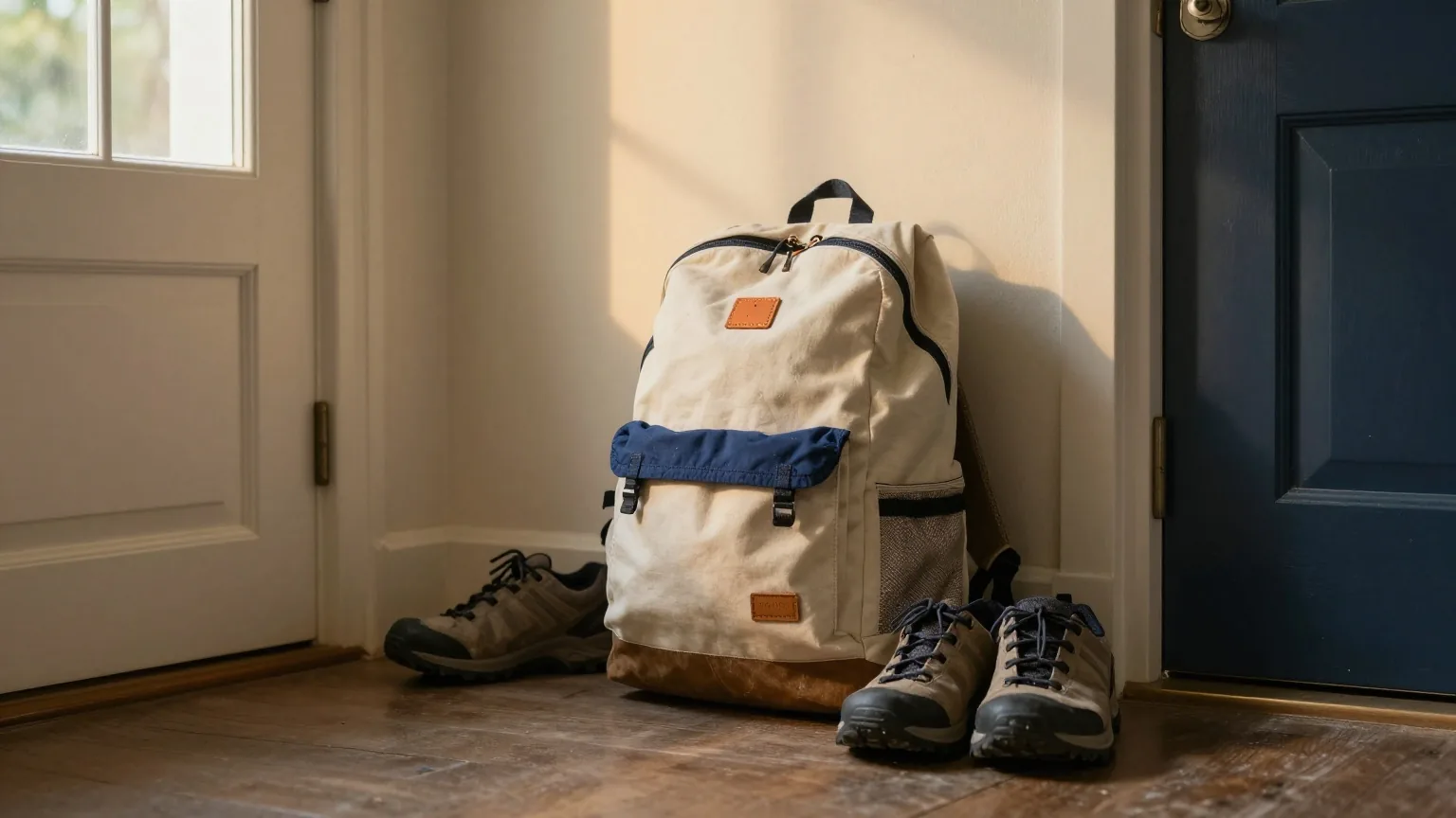 Ein Rucksack aus Segeltuch und abgelaufene Wanderschuhe neben einer Haustür in einem ruhigen Flur, warmes Abendlicht aus einem Seitenfenster