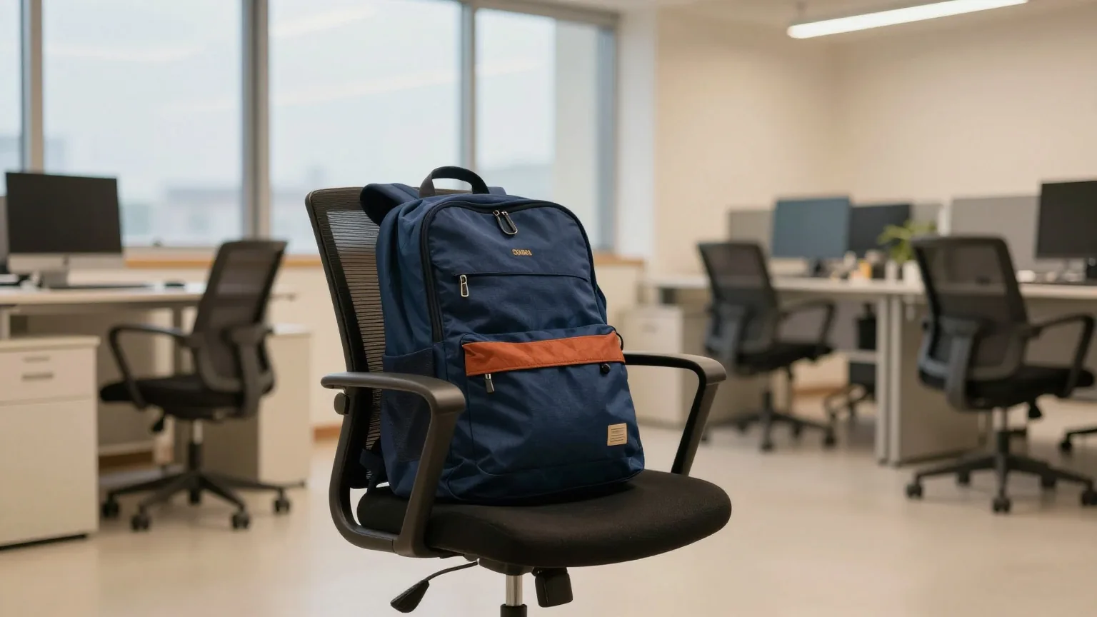 Rucksack und Trinkflasche auf einem Bürostuhl in einem leeren Großraumbüro nach Feierabend, warmes Abendlicht durch große Fenster