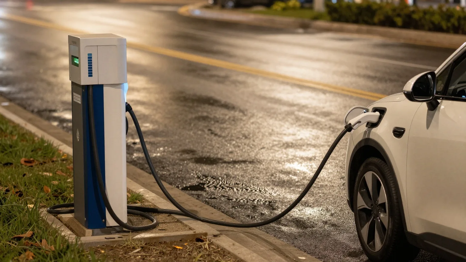 Elektroauto an einer Ladesäule am Straßenrand bei Nacht, aus der Ferne gesehen, Spiegelungen auf nassem Asphalt in einer ruhigen Straße