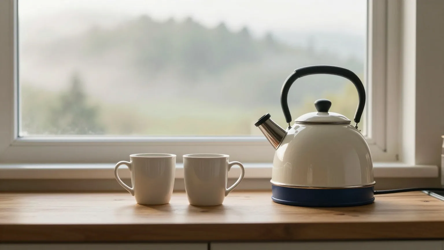 Wasserkessel und zwei Tassen auf einem Holztisch am Fenster, draußen bewaldete Hügel im Morgennebel