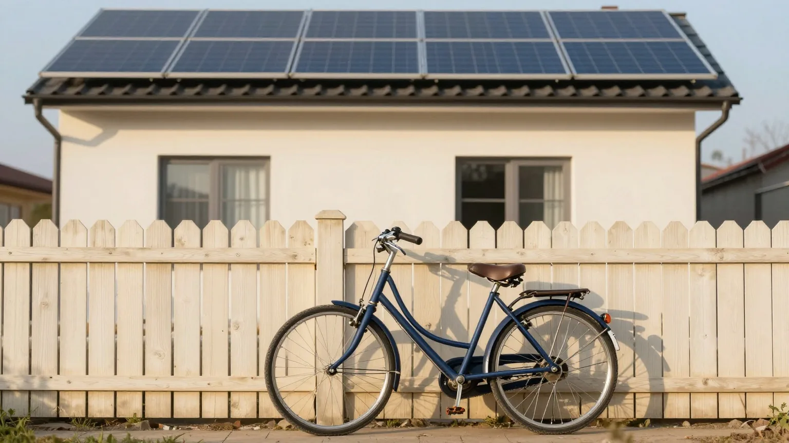 Fahrrad an einem Holzzaun vor einem Haus mit Solarmodulen auf dem Dach an einem klaren Frühlingsmorgen