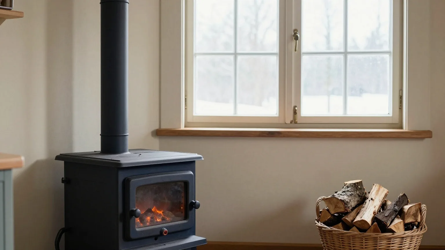 Warme Bauernhausküche mit gusseisernem Ofen und Brennholzkorb, Wintermorgenlicht durch beschlagene Fenster