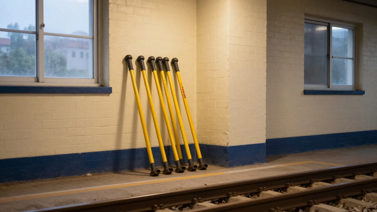 Ruhiges Bahnbetriebswerk in der Abenddämmerung, gelbe Gleiswerkzeuge lehnen an einer Backsteinmauer neben den Schienen, warmes Lampenlicht