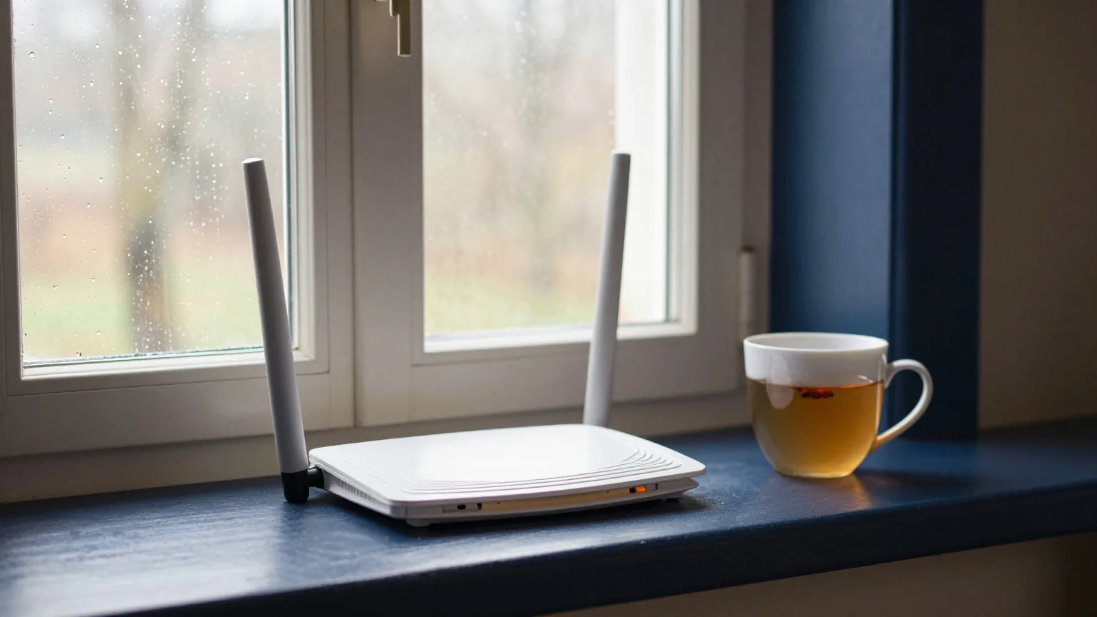 Weißer Router auf einer tiefen Fensterbank in einer Bauernhausküche neben einer Teetasse, Regentropfen an der Scheibe im grauen Morgenlicht