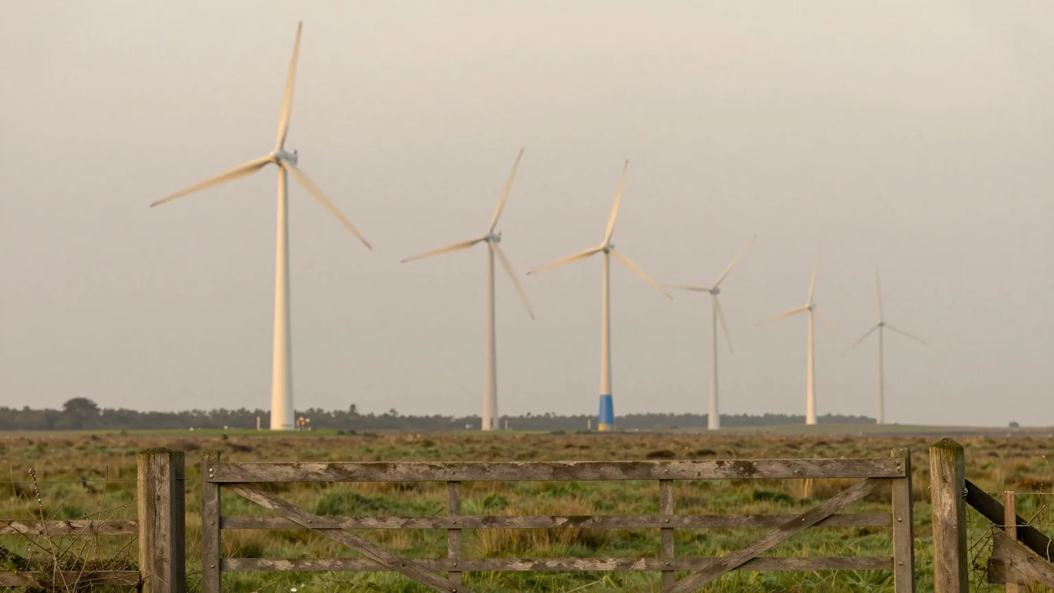 Windräder auf flachem grünem Marschland hinter einem verwitterten Holzgatter an einem windigen grauen Morgen