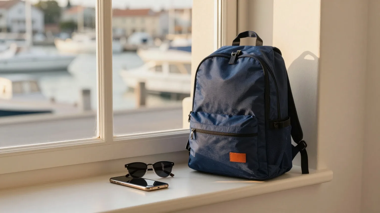 Kleiner Reiserucksack und eine Sonnenbrille auf einer Fensterbank über einer ruhigen Hafengasse, daneben ein ausgeschaltetes Smartphone, goldenes Abendlicht
