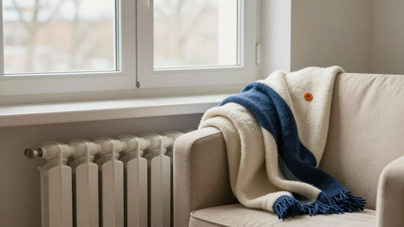 Heizkörper unter einem Fenster, daneben ein Sessel mit gefalteter Wolldecke im blassen Wintermorgenlicht