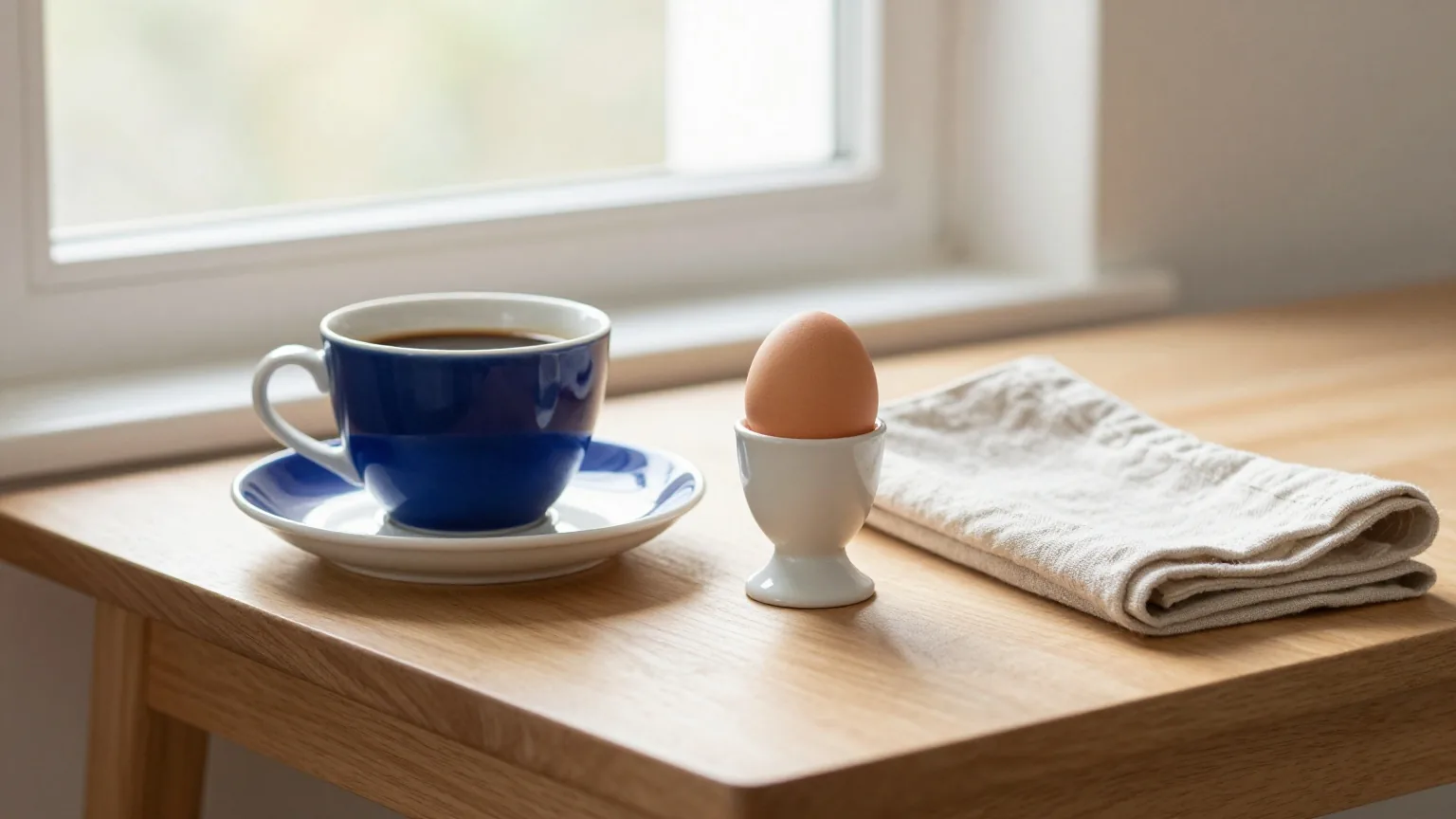 Frühstückstisch am Küchenfenster mit einer zusammengefalteten Zeitung neben einer Kaffeetasse, kühles Morgenlicht