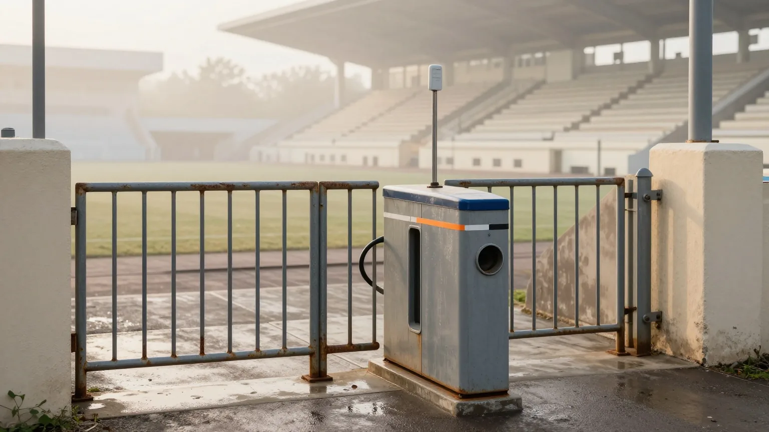 Altes Drehkreuz aus Metall am leeren Eingang eines Fußballstadions im Morgennebel, rostige Streben und nasse Betonstufen hinauf zur Tribüne