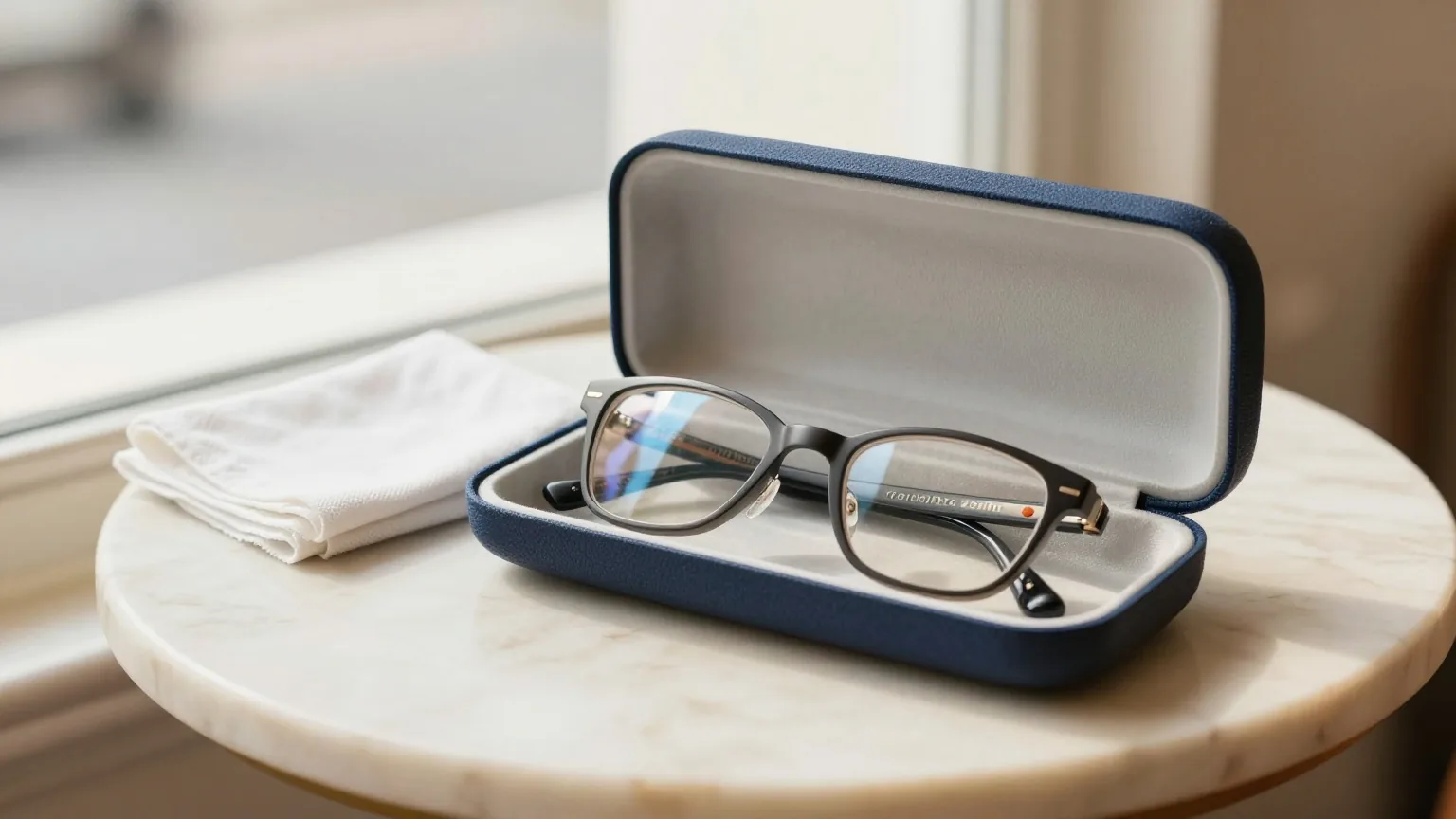 Brille in einem geöffneten Etui mit gefaltetem Putztuch auf einem kleinen Marmortisch am Fenster eines Cafés, weiches Vormittagslicht
