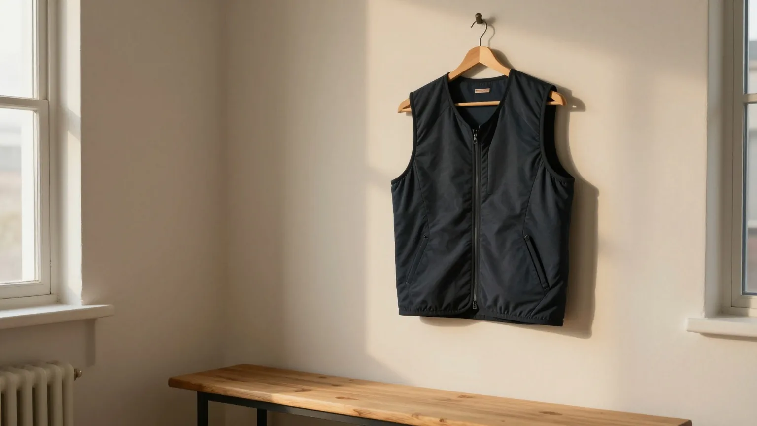 Eine dunkle Trainingsweste hängt an einem Haken neben einer weißen Wand in einem kleinen ruhigen Studio, darunter eine Holzbank, weiches Abendlicht