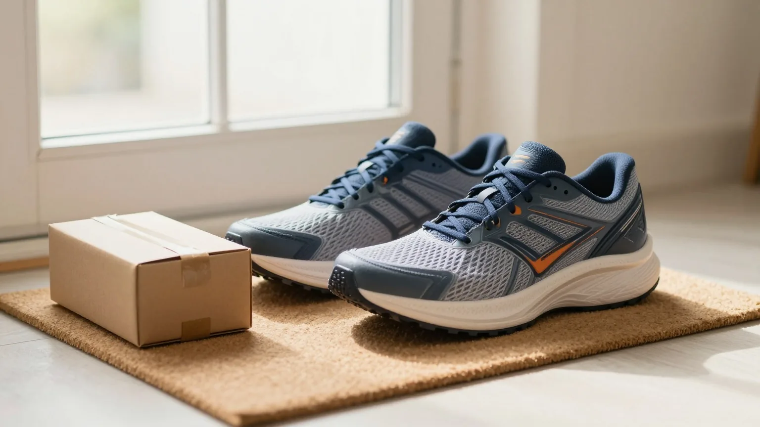 Laufschuhe auf einer Fußmatte neben einem kleinen Paket im frühen Morgenlicht