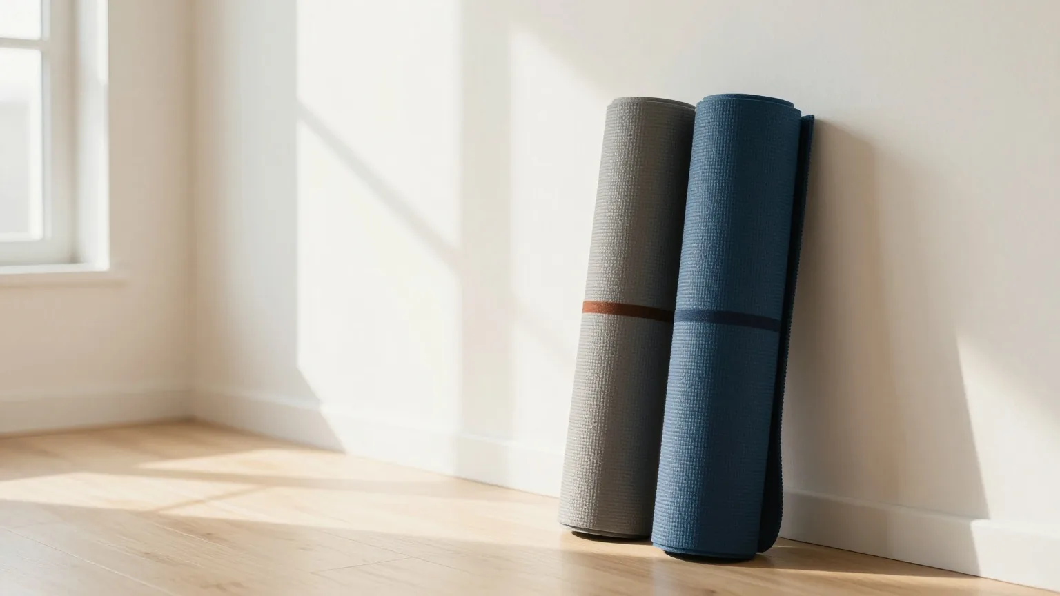 Zwei aufgerollte Yogamatten lehnen an einer weißen Wand in einem leeren Kursraum, weiches Tageslicht von der Seite, heller Holzboden