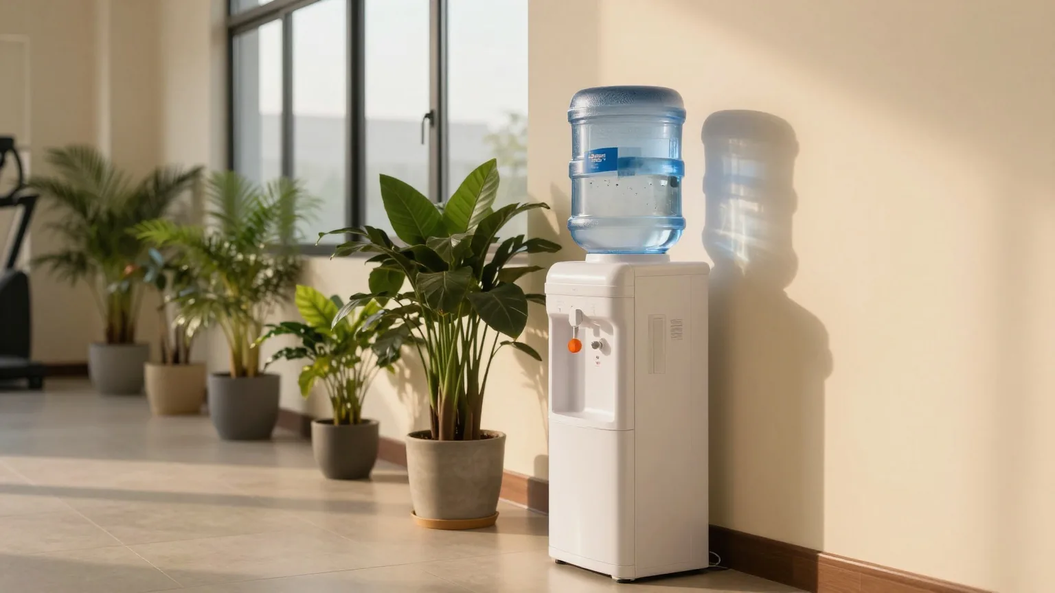 Ein einzelner Wasserspender neben einer Reihe von Topfpflanzen im leeren Foyer eines Fitnessclubs, warmes Lampenlicht am Abend