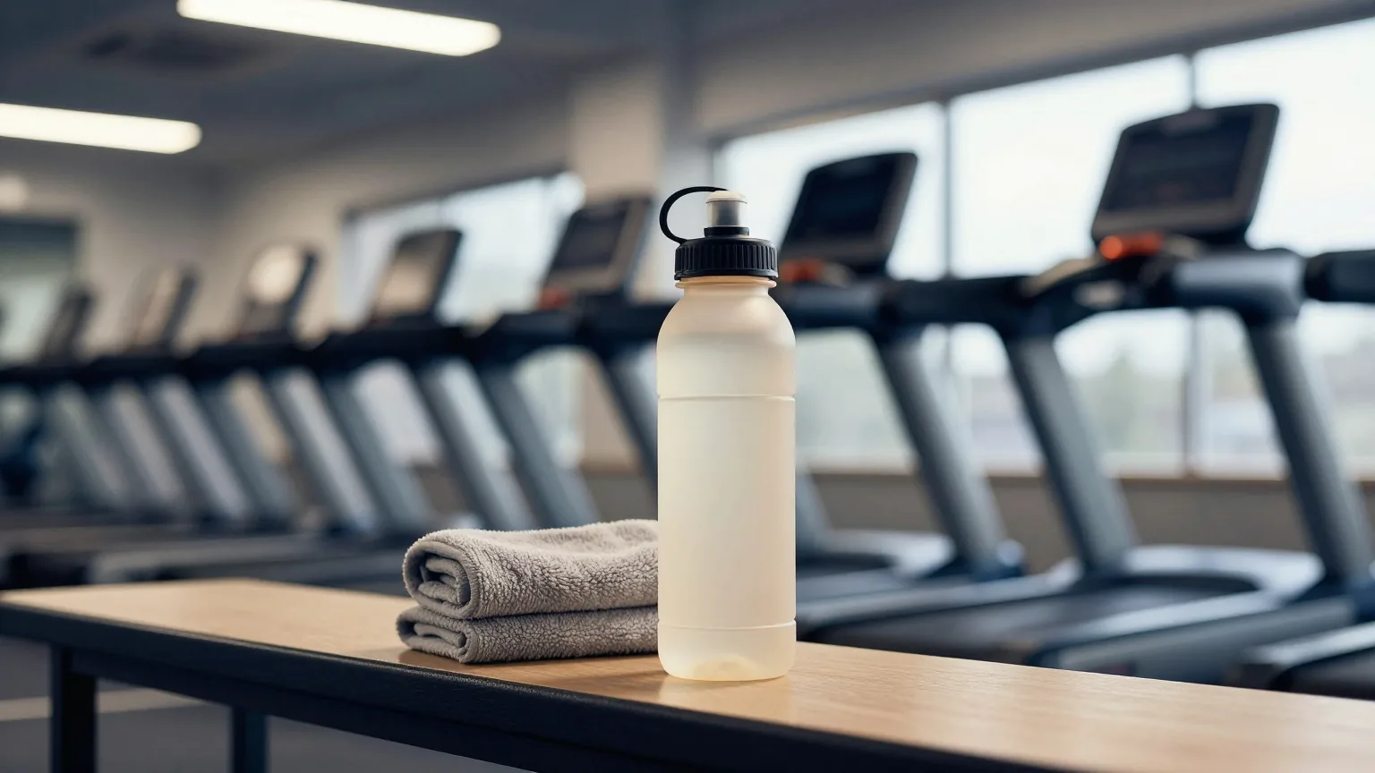 Trinkflasche und gefaltetes graues Handtuch auf einer Bank vor dunklen Laufbändern in einem ruhigen Fitnessstudio bei Nacht, kühles Deckenlicht