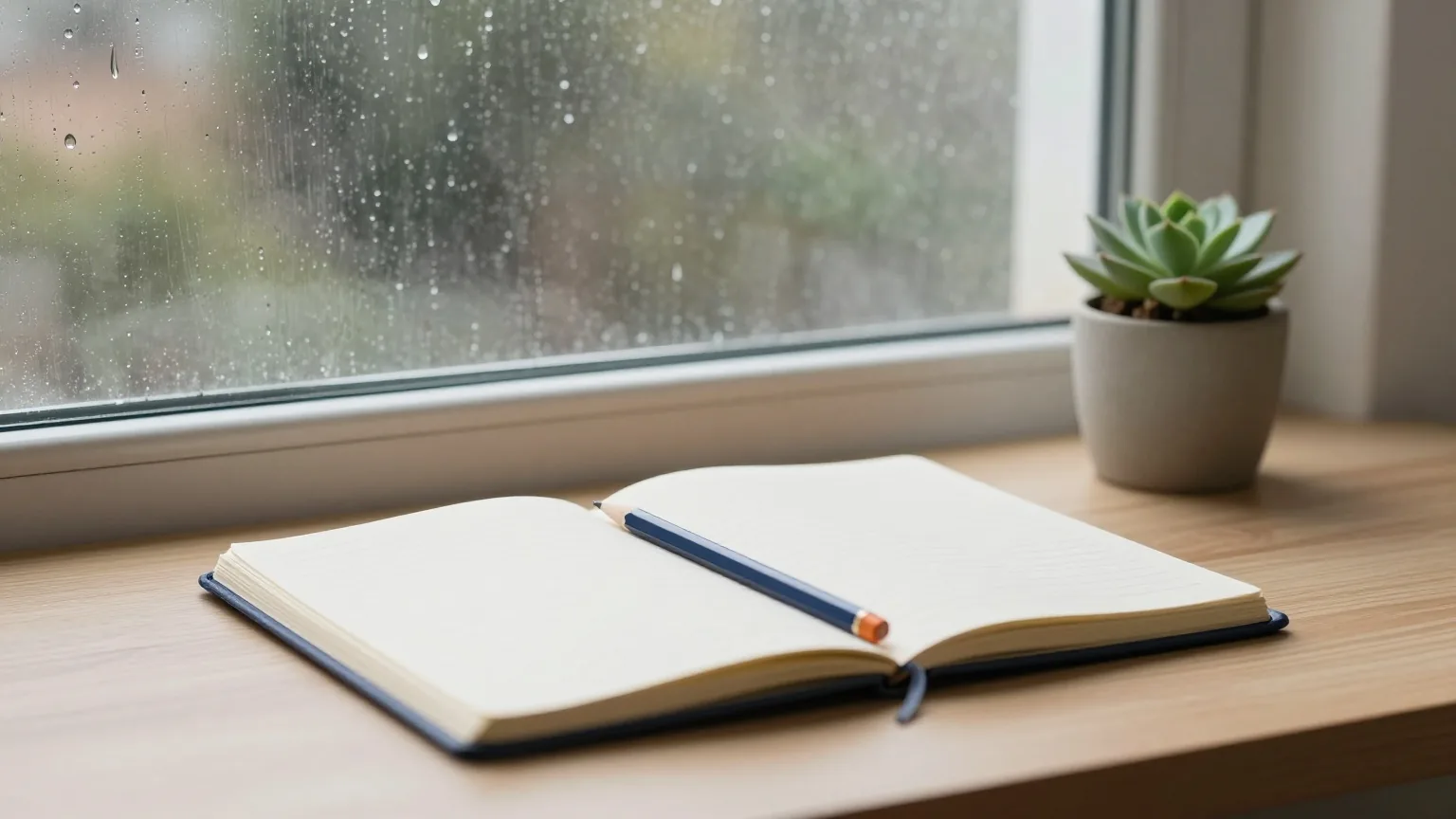 Schreibtisch an einem regennassen Fenster mit geschlossenem Notizbuch, Bleistift und kleiner Sukkulente im Topf, graues Nachmittagslicht