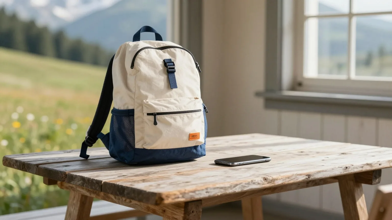 Kleiner Rucksack und Smartphone mit dunklem Display auf einem verwitterten Holztisch vor einer Berghütte, Almwiese im weichen Mittagslicht