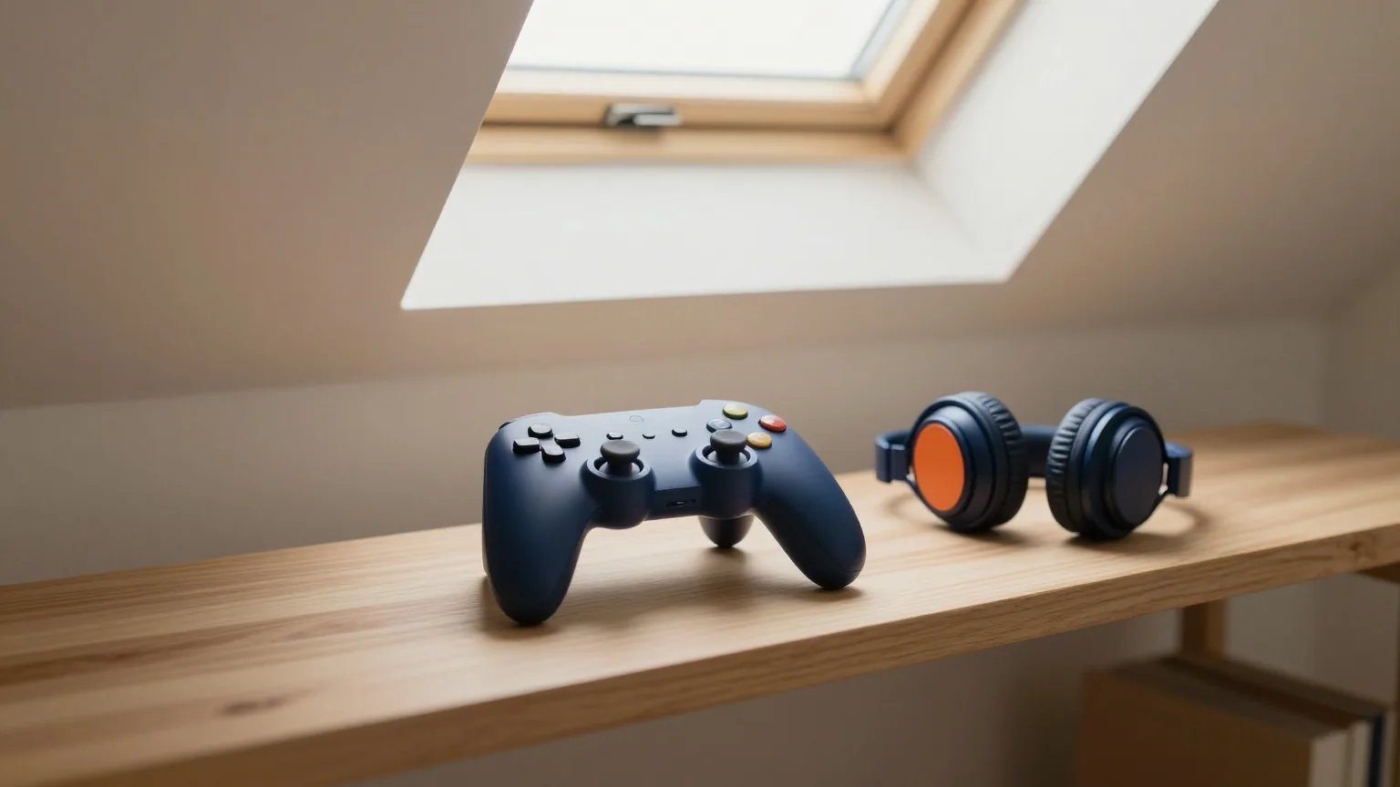 Gamepad und Kopfhörer auf einem niedrigen Holzregal in einem ruhigen Dachzimmer im weichen Abendlicht, leicht von oben gesehen