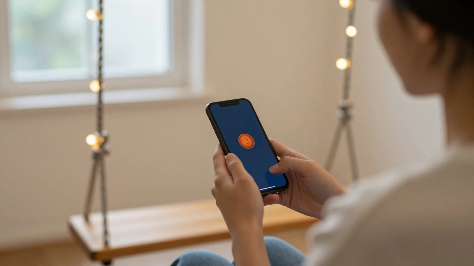Hand hält ein Smartphone, von hinten gesehen, auf einer Holzschaukel in einem ruhigen Garten in der Dämmerung, sanft leuchtende Lichterkette