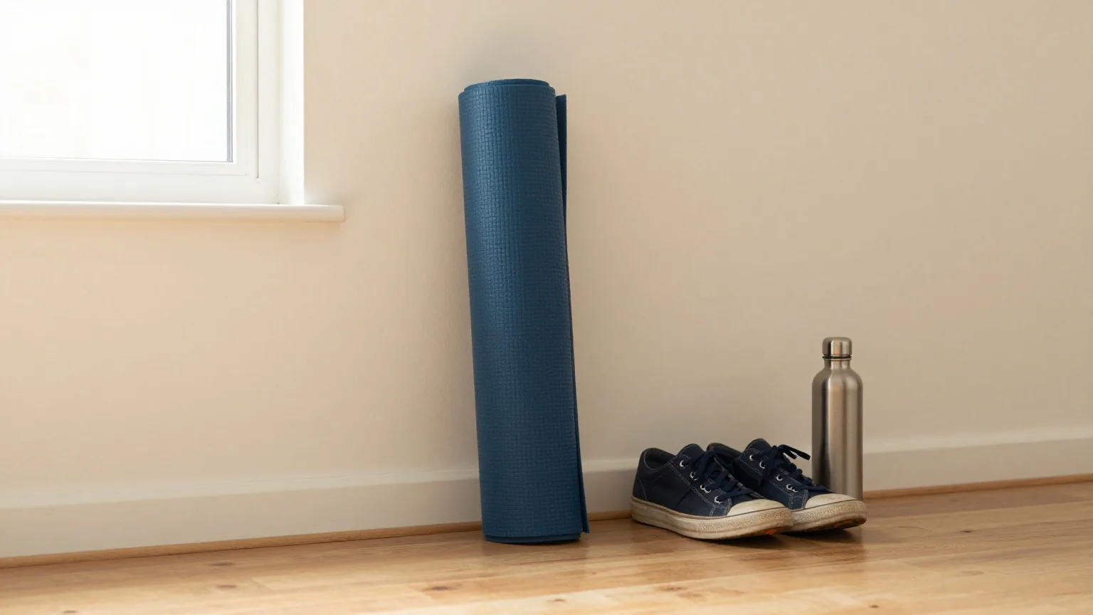 Aufgerollte Gymnastikmatte an einer Wand, daneben abgetragene Turnschuhe und eine schlichte Trinkflasche aus Stahl auf einem Holzboden im frühen Morgenlicht