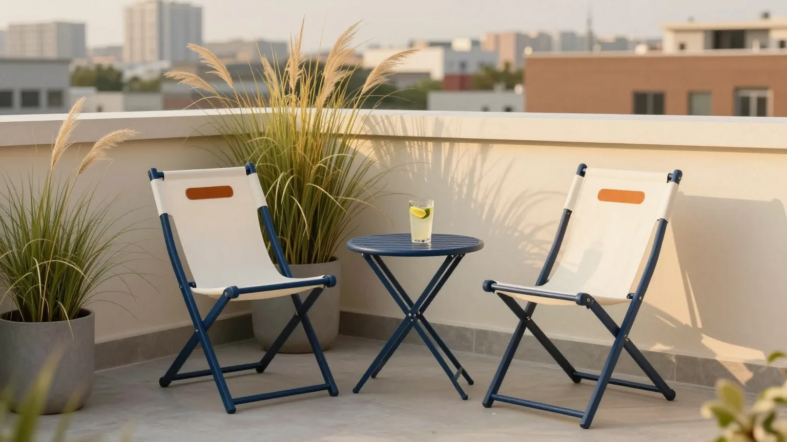 Zwei Klappstühle und ein kleiner Beistelltisch mit einem Glas Limonade auf einer Dachterrasse in der Stadt im Abendlicht
