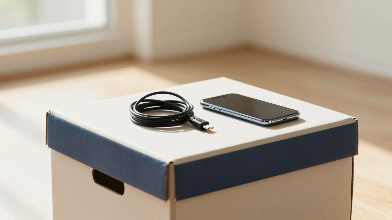 Halb gepackter Umzugskarton in einer leeren, sonnigen Wohnung, obenauf ein aufgerolltes Ladekabel und ein Smartphone mit dunklem Display