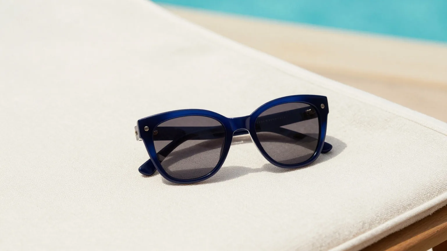 Große Sonnenbrille auf einem weißen Leinenhandtuch auf einer Sonnenliege am Pool, helles Mittagslicht, von oben gesehen