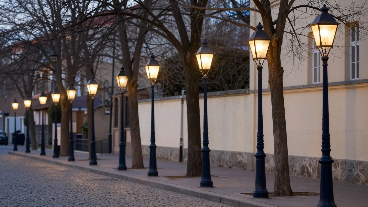 Reihe alter Gaslaternen leuchtet in der Dämmerung an einer Kopfsteinpflasterstraße, dahinter kahle Bäume und ruhige Fassaden