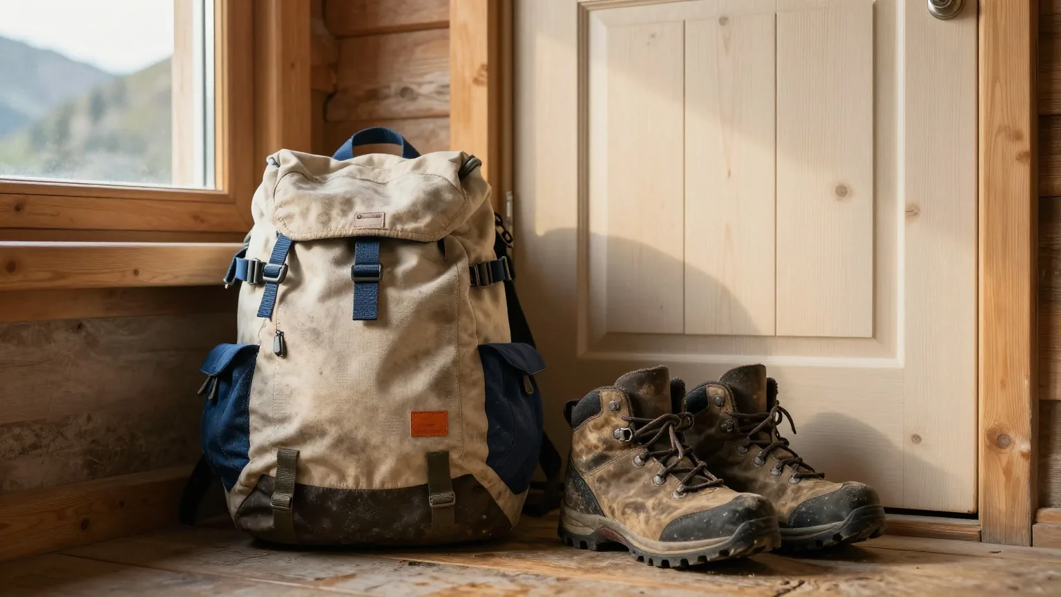 Abgenutzter Segeltuchrucksack und ein Paar matschige Wanderschuhe neben der Holztür einer Berghütte im warmen Licht der goldenen Stunde