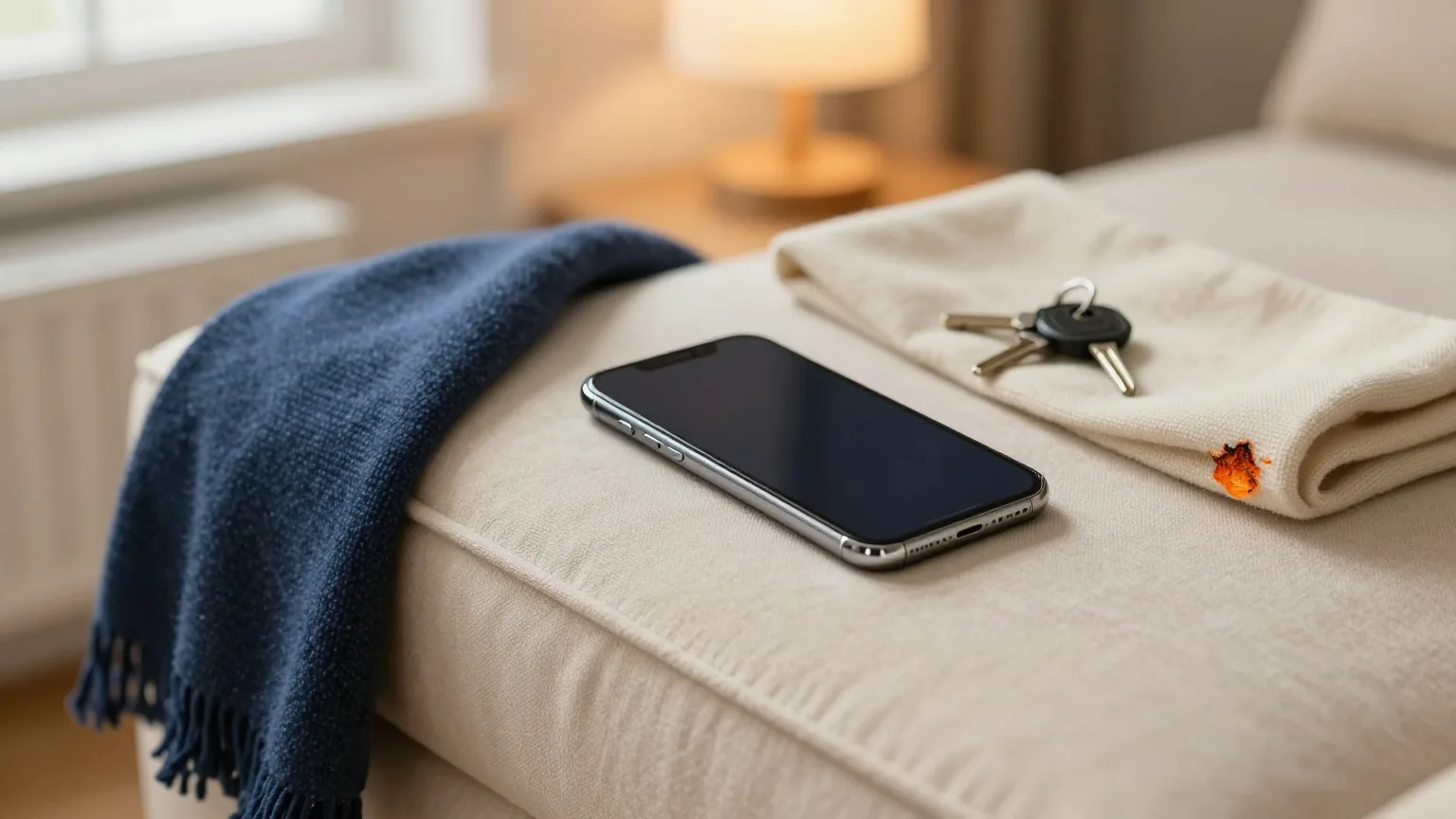Smartphone mit dunklem Bildschirm auf einer Sofalehne neben einer gefalteten Wolldecke und einem Schlüsselbund, warmes Lampenlicht