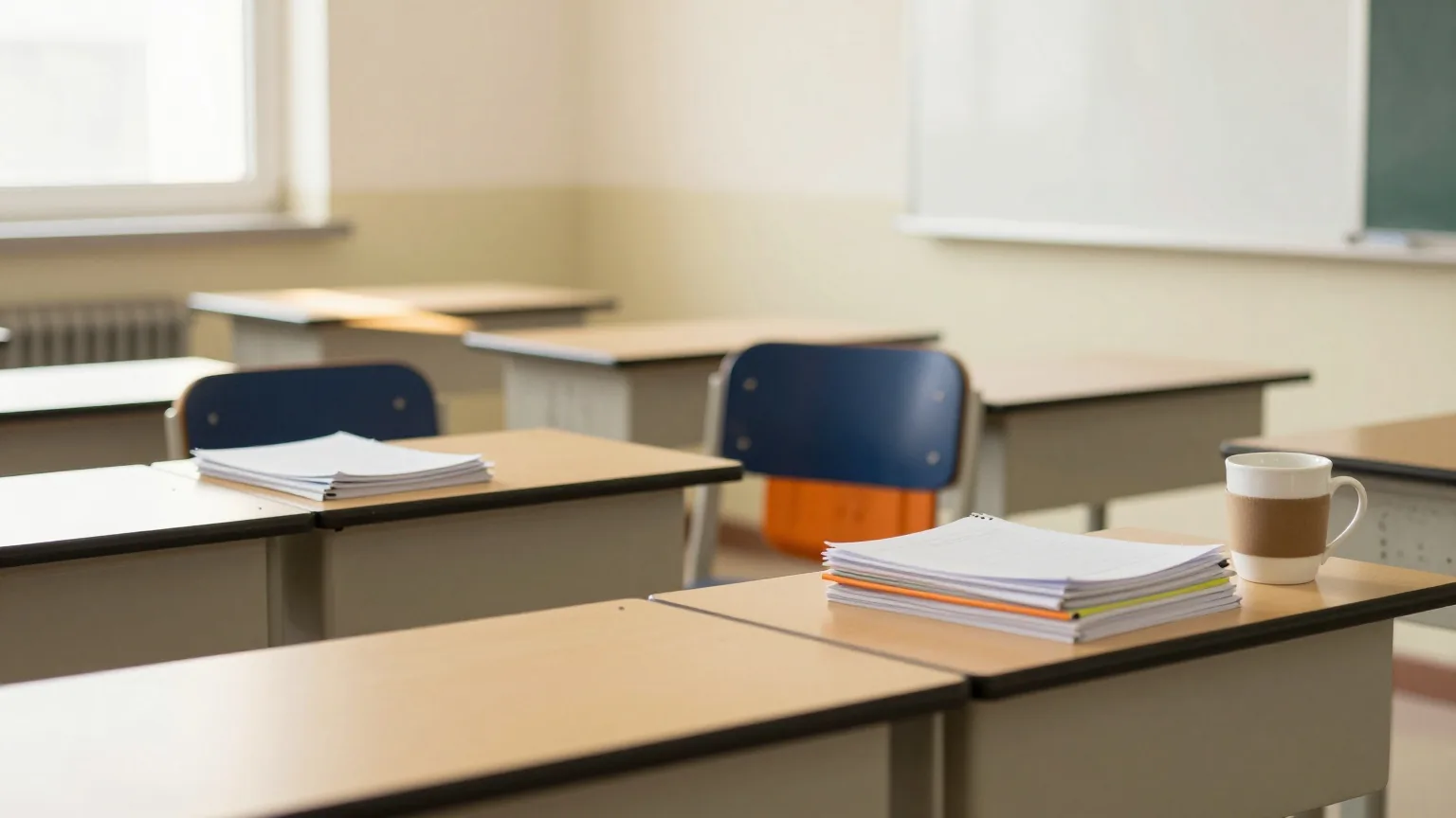 Hochgestellte Stühle auf den Tischen eines leeren Klassenzimmers, auf dem Lehrerpult ein Stapel geschlossener Ordner und eine Kaffeetasse, warmes Nachmittagslicht