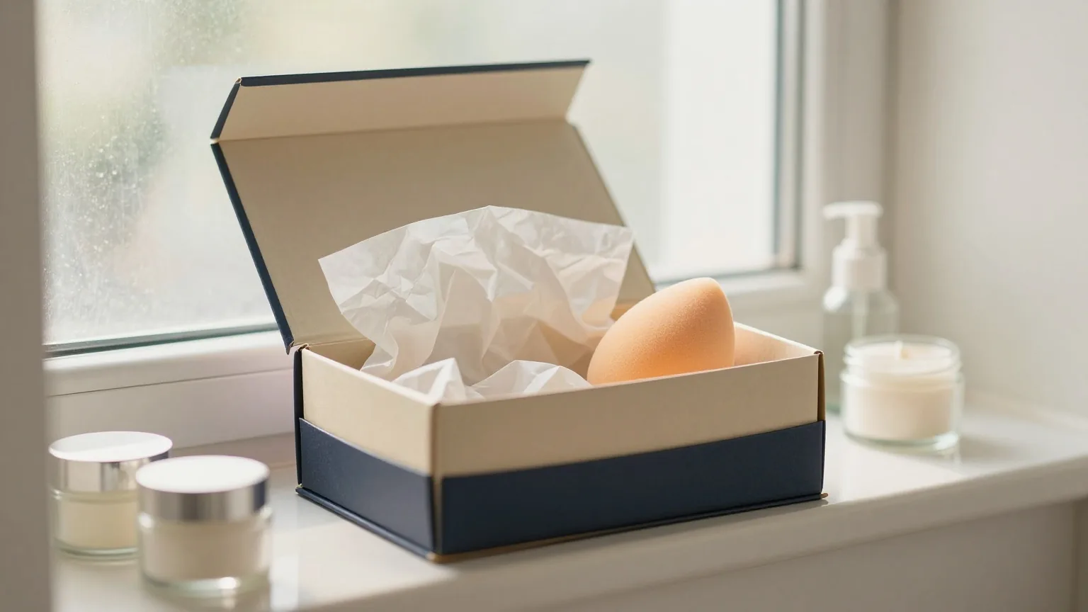 Geöffneter flacher Karton mit Seidenpapier, einem Schminkschwamm und kleinen schlichten Glastiegeln auf einem Badezimmerregal im weichen Morgenlicht