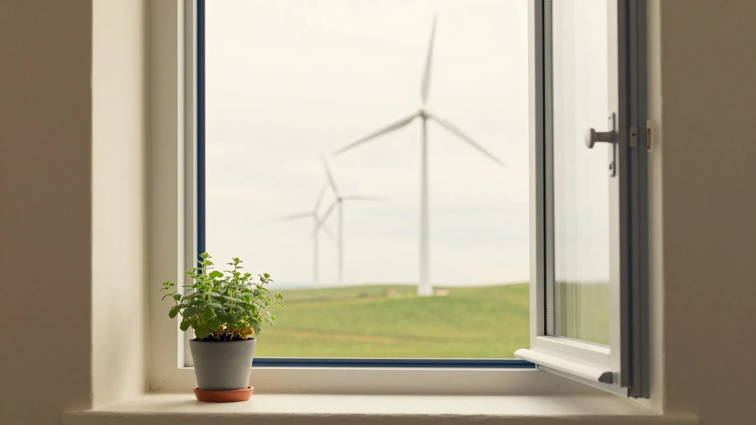 Windräder auf einem grünen Hügel, durch ein offenes Fenster gesehen, auf der Fensterbank eine Kräuterpflanze