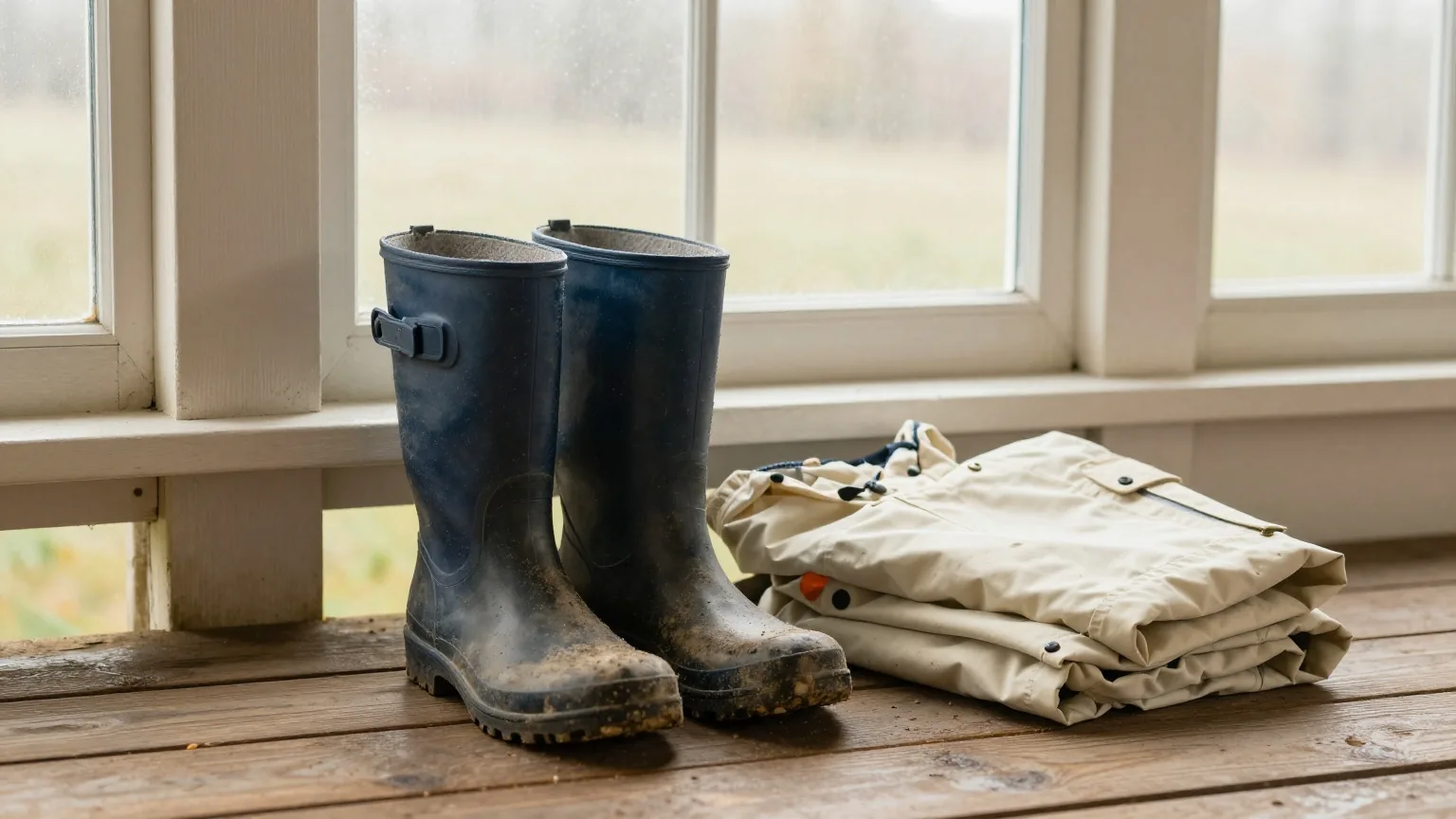 Schlammige Gummistiefel und eine gefaltete Regenjacke auf einer Holzveranda im grauen Morgenlicht nach dem Regen