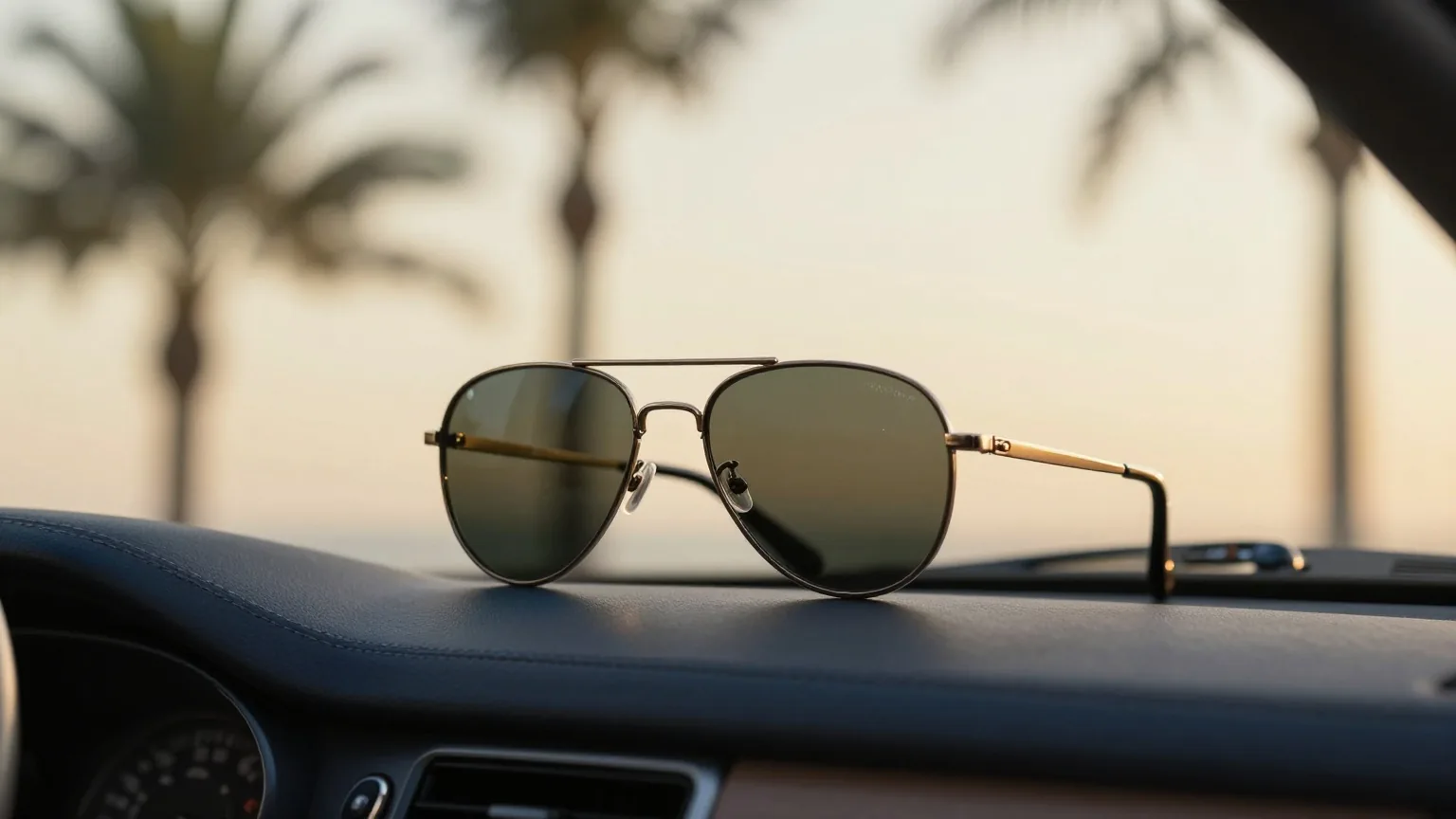 Pilotensonnenbrille auf dem Armaturenbrett eines geparkten Cabrios, draußen hinter der Windschutzscheibe verschwommen eine Palme, warmes Abendlicht