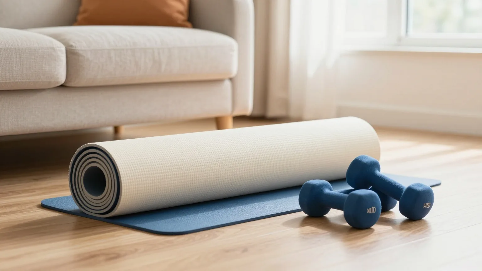 Aufgerollte Yogamatte und zwei kleine Hanteln auf dem Holzboden neben einem Sofa in einem hellen Wohnzimmer im Mittagslicht
