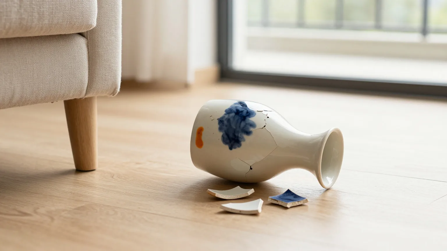 Gesprungene Keramikvase auf hellem Eichenboden neben einem Sofabein, einige Scherben verstreut, ruhiges Morgenlicht