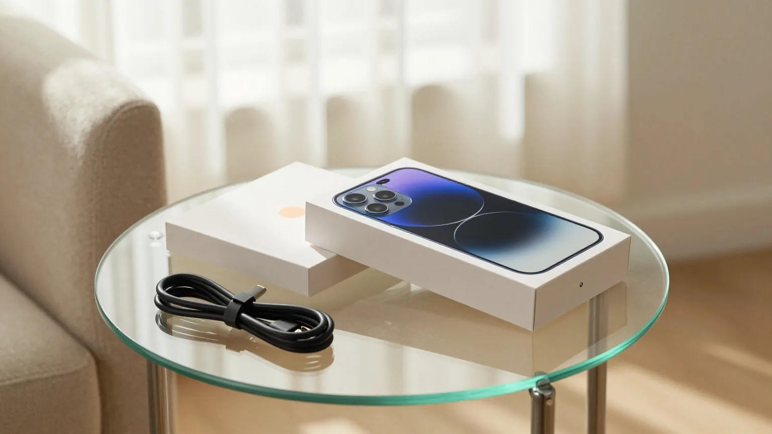 Leerer Smartphone-Karton mit abgenommenem Deckel und aufgerolltem Ladekabel auf einem Glasbeistelltisch neben einem Sessel, Nachmittagssonne durch helle Vorhänge