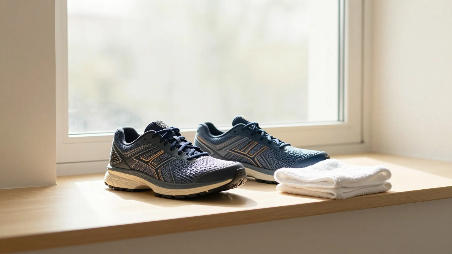 Laufschuhe und ein gefaltetes Handtuch auf dem Treppenabsatz eines hellen Bürogebäudes, Mittagslicht fällt durch ein hohes Fenster