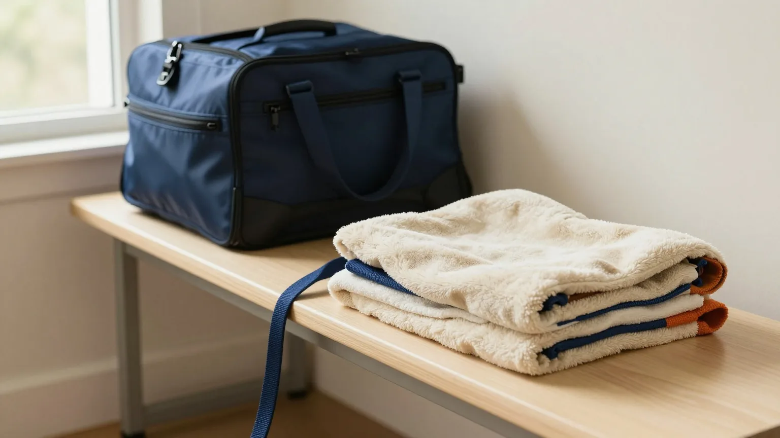 Hundeleine und zusammengelegte Decke auf einer Flurbank neben einer geschlossenen Reisetasche, weiches Nachmittagslicht
