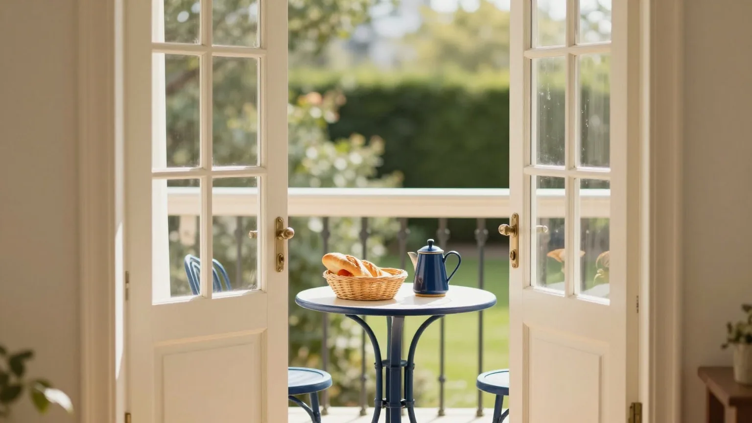 Offene Balkontür zu einem sonnigen Innenhofgarten, kleiner runder Tisch mit Brötchenkorb und Kaffeekanne, Licht am späten Vormittag