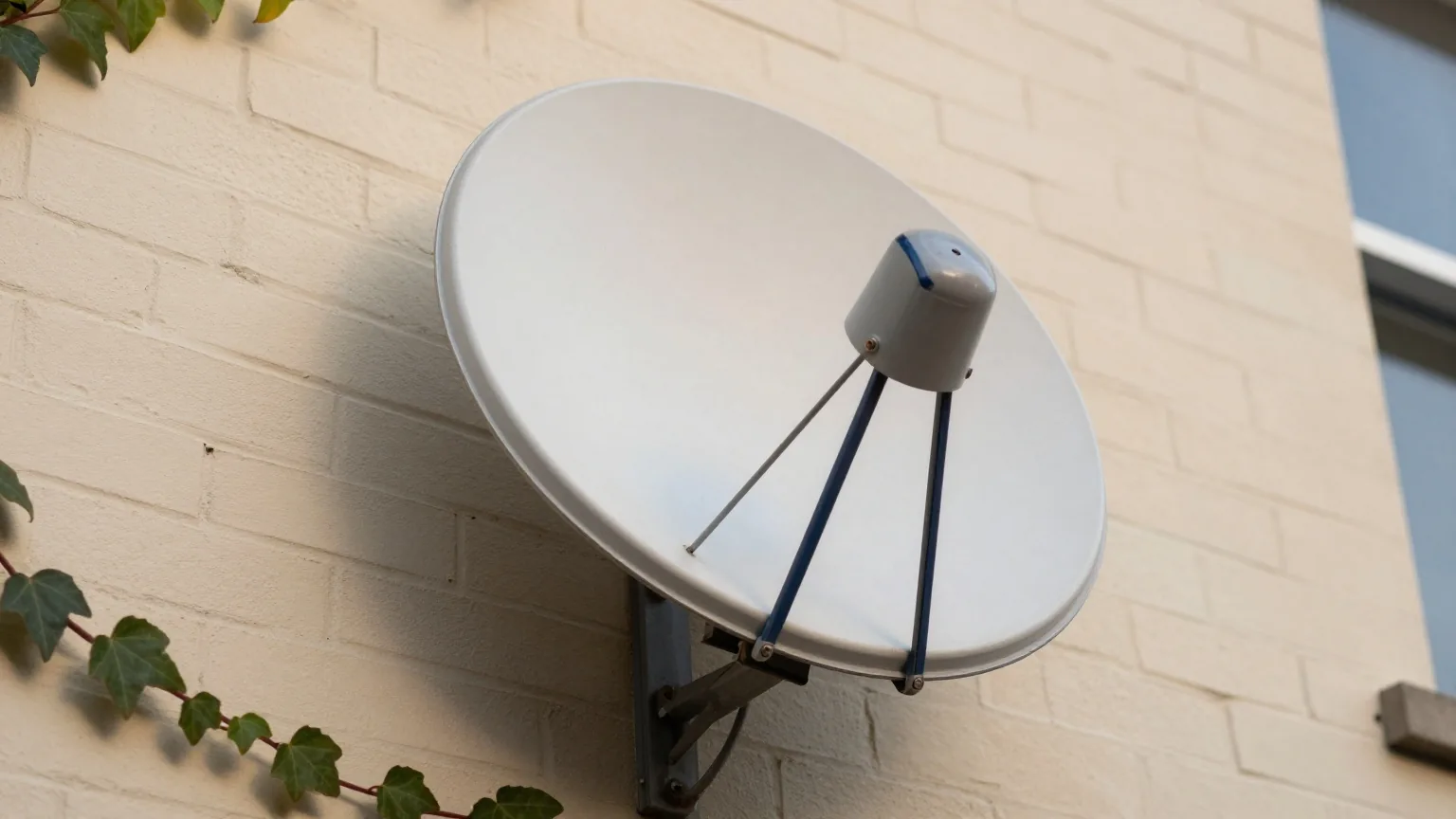 Satellitenschüssel an einer Backsteinwand im weichen Abendlicht