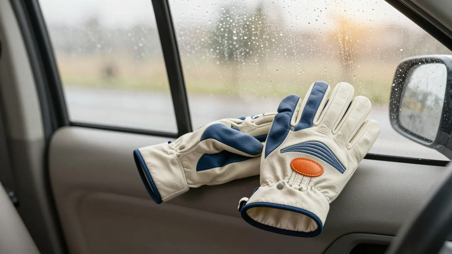 Lederne Autohandschuhe auf dem Beifahrersitz eines geparkten Autos, Regentropfen an der Seitenscheibe, graues Morgenlicht