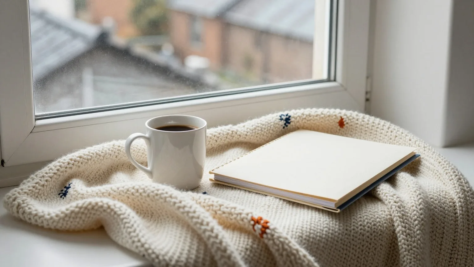 Fensterplatz mit Strickdecke, einem Becher Kaffee und einer geschlossenen Mappe, draußen graues Tageslicht über nassen Dächern
